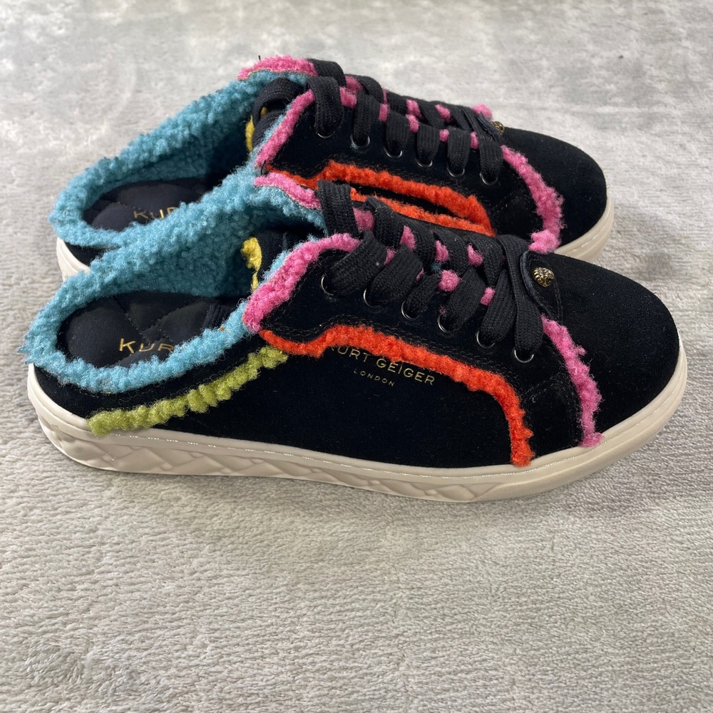 Kurt Geiger Black Suede Sneakers with Pink, Orange, Blue & Lime Trim